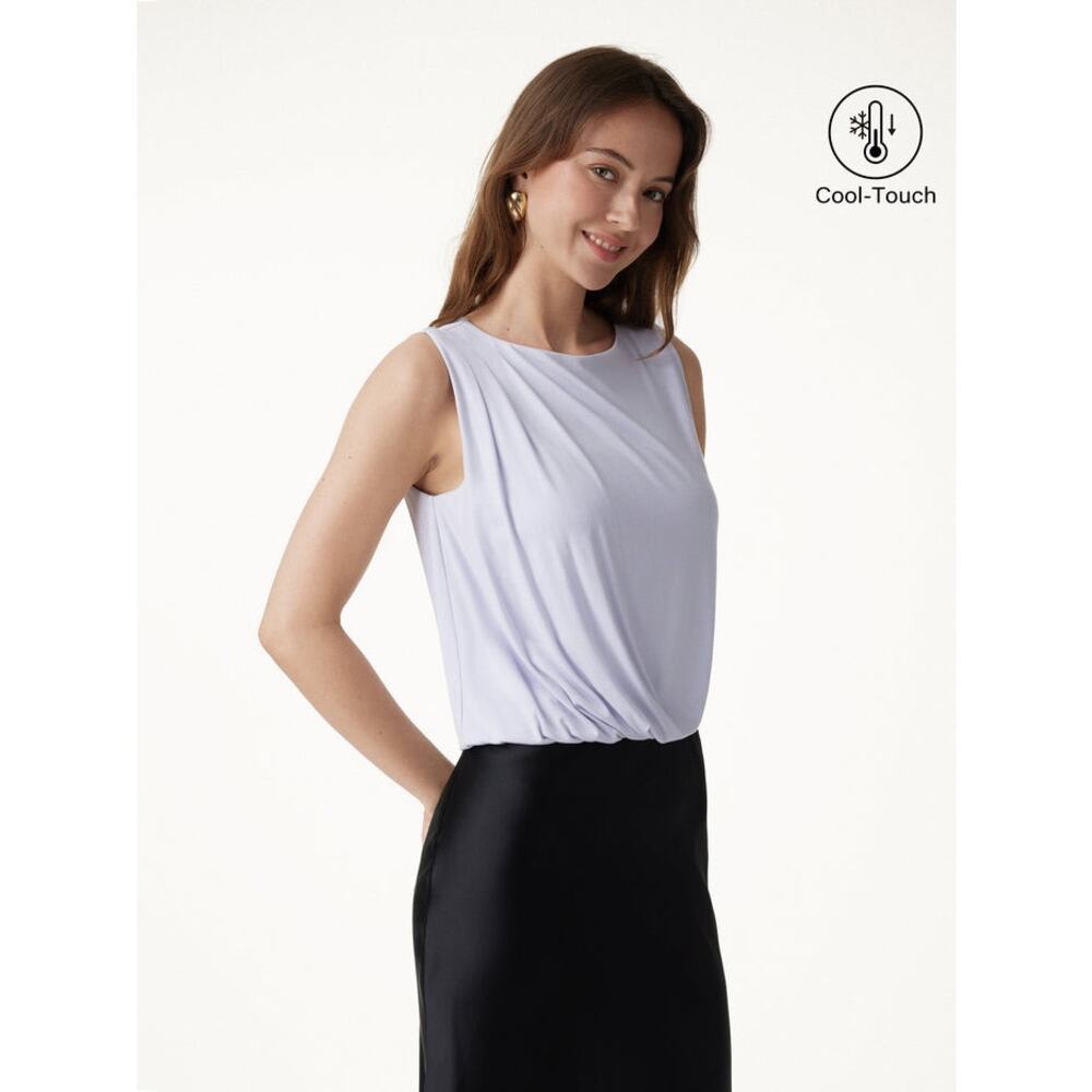 NWT OGL CoolTouch Boatneck Gathered Hem Cropped Bubble Top Fog Cream Tan XS $60 - Picture 2 of 8